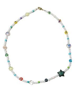 Handmade Y2K Style Beaded Necklace Choker White Pearl Blue Yellow Sparkly Star